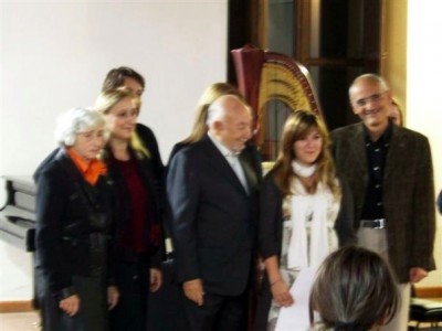 Elizabeth Fontan-Binoche, Emanuela Degli Esposti and Victor Salvi with Gunes Hizlilar, winner of the International Harp Contest &quot;Marcel Tournier&quot;.